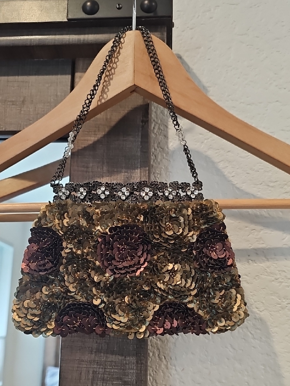 Sequined Floral Evening Bag - Gold & Burgundy
